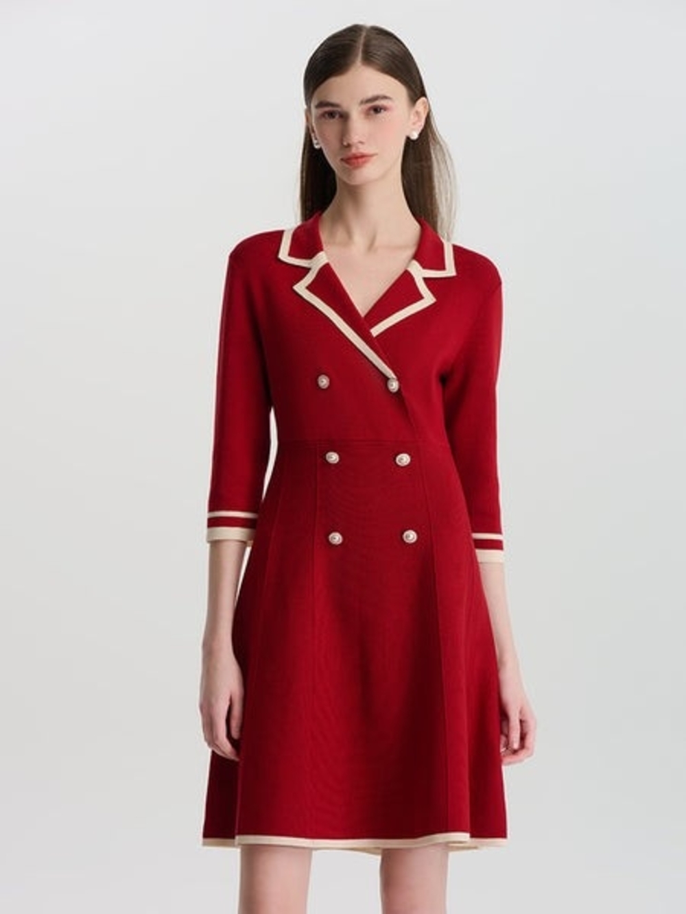 Red Double-Breasted Fit & Flare Dress with Contrast Trim